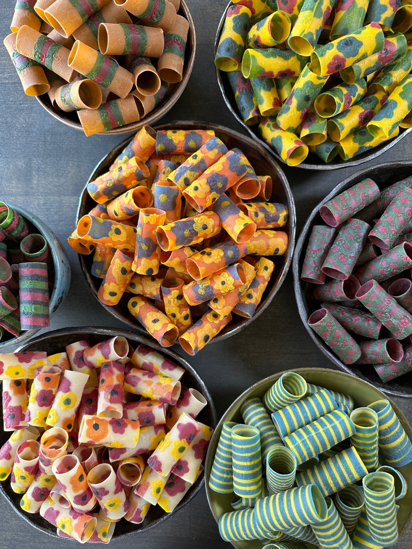 A table filled with Fiona’s colorful patterned pasta